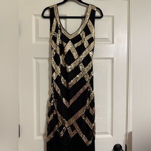 Sequin Flapper Dress with Fringe, Black & Gold